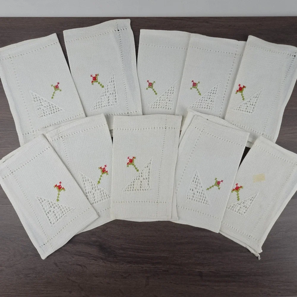 Vintage Hand Embroidered Cocktail Napkin Set 10pc White Floral Lace Cottagecore